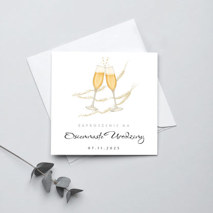 Zaproszenie na 18 urodziny 15x15 z kopertą  -  Kieliszki