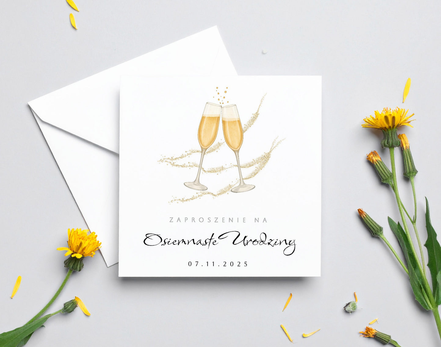 Zaproszenie na 18 urodziny 15x15 z kopertą  -  Kieliszki