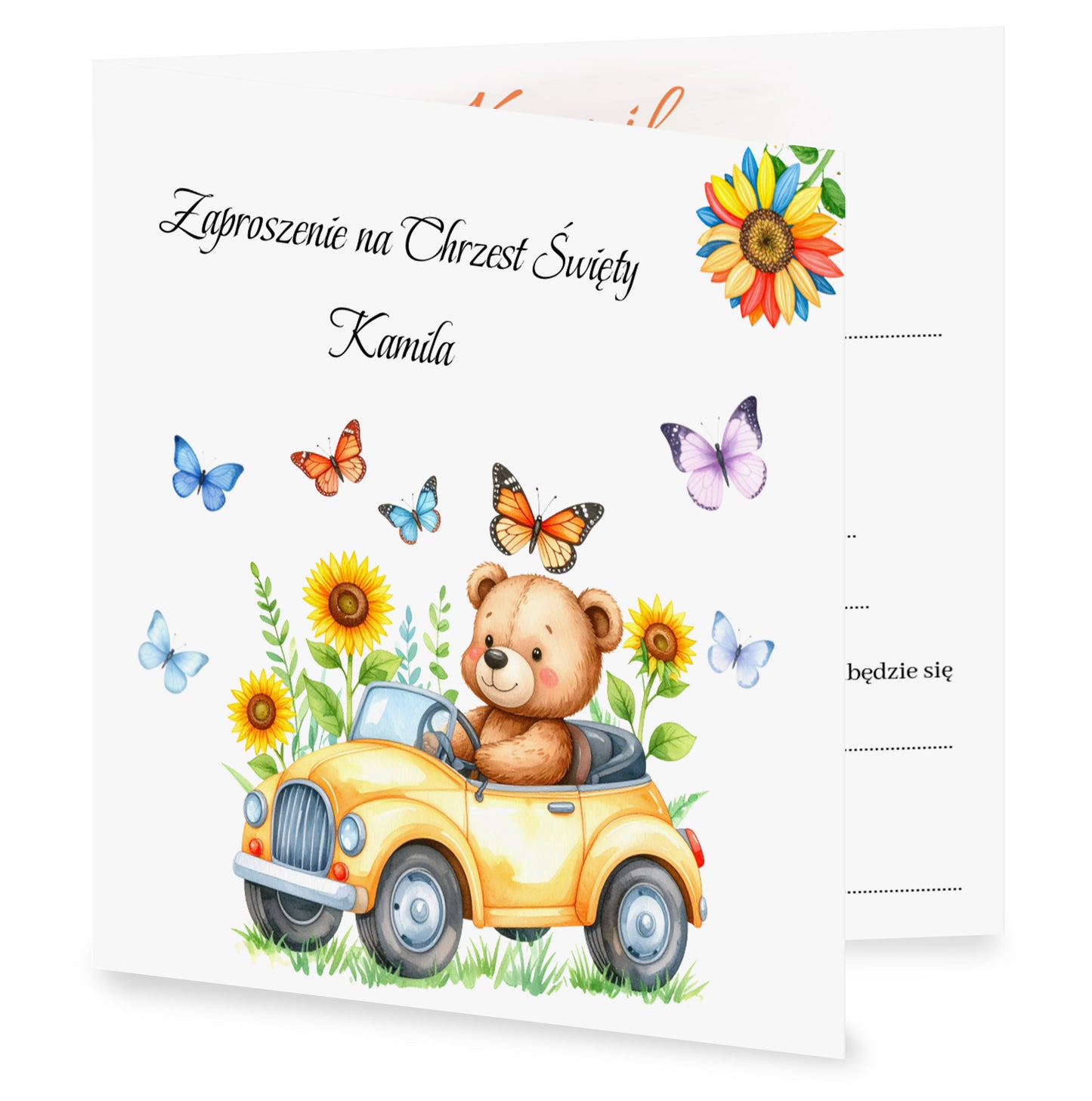 Zaproszenie składane z kopertą na Chrzest - Pluszowy miś w żółtym samochodzie