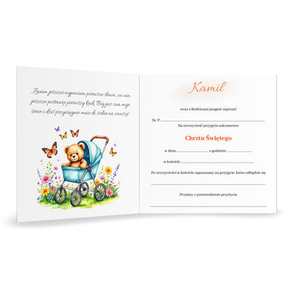 Zaproszenie składane z kopertą na Chrzest - Pluszowy miś w żółtym samochodzie