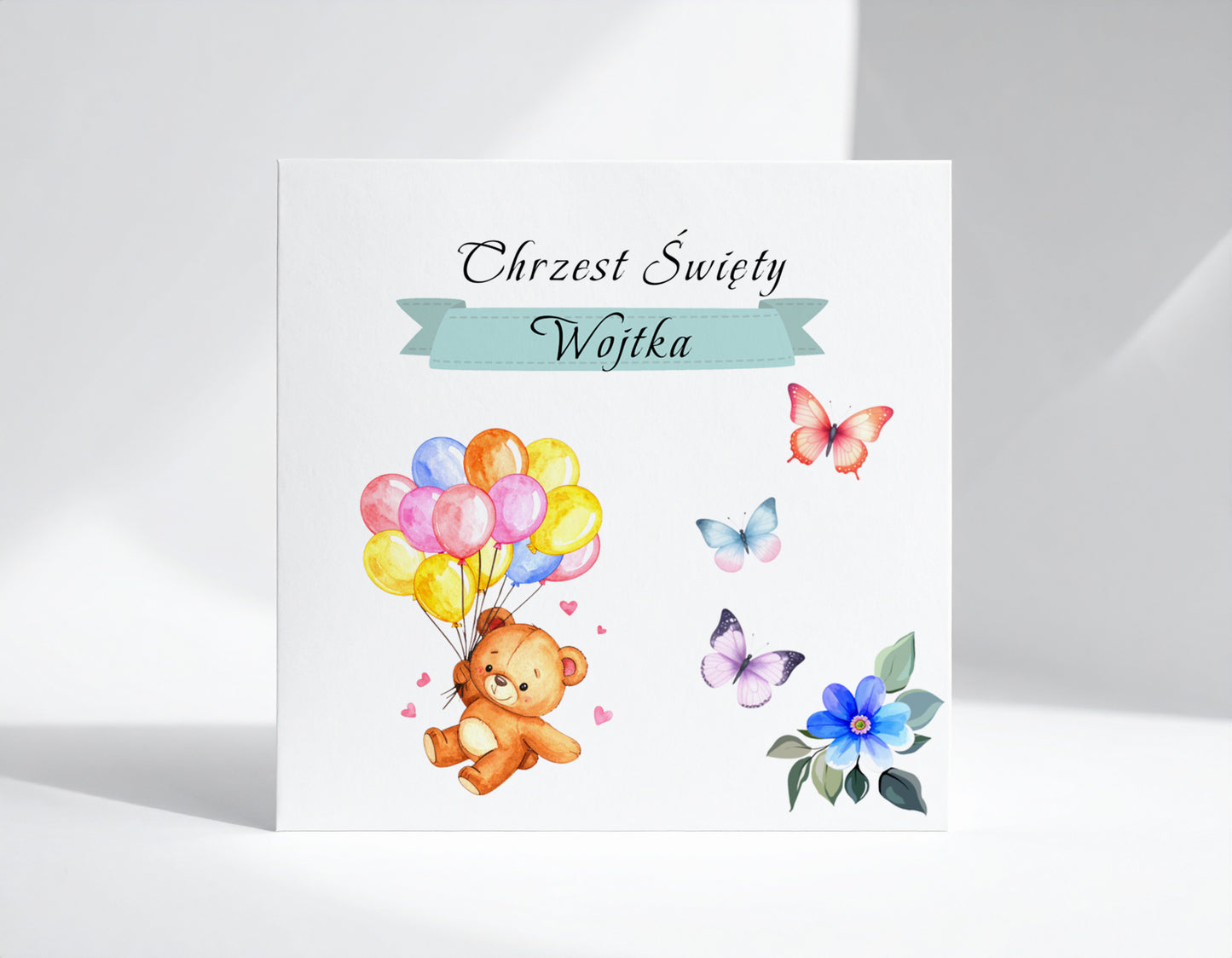 Zaproszenie na Chrzest składane 15x15 z kopertą  - Pluszowy miś kolorowe balony