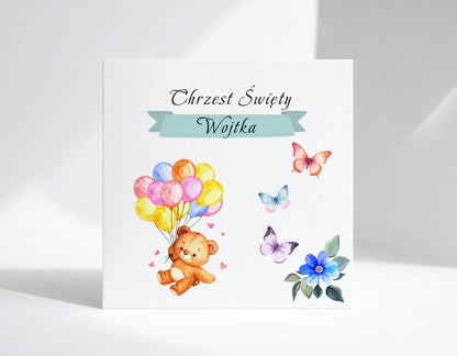 Zaproszenie na Chrzest składane 15x15 z kopertą  - Pluszowy miś kolorowe balony