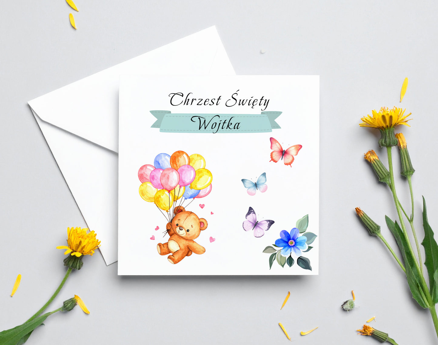 Zaproszenie na Chrzest składane 15x15 z kopertą  - Pluszowy miś kolorowe balony