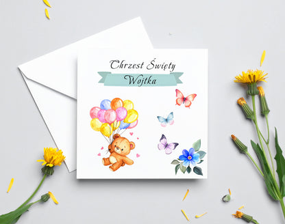 Zaproszenie na Chrzest składane 15x15 z kopertą  - Pluszowy miś kolorowe balony