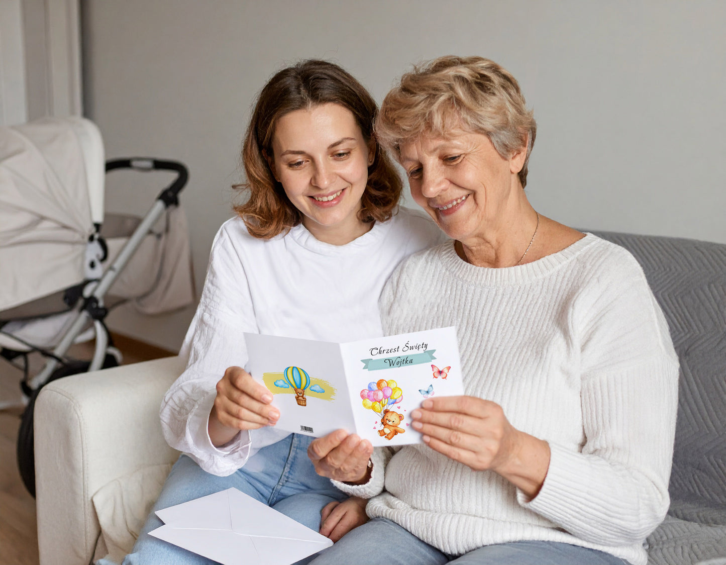 Zaproszenie na Chrzest składane 15x15 z kopertą  - Pluszowy miś kolorowe balony