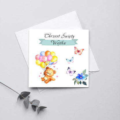 Zaproszenie na Chrzest składane 15x15 z kopertą  - Pluszowy miś kolorowe balony