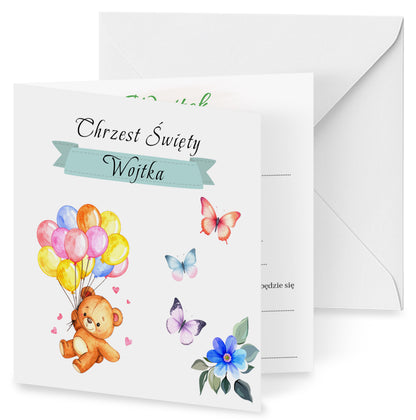 Zaproszenie na Chrzest składane 15x15 z kopertą  - Pluszowy miś kolorowe balony