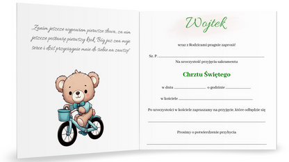 Zaproszenie na Chrzest składane 15x15 z kopertą  - Pluszowy miś kolorowe balony