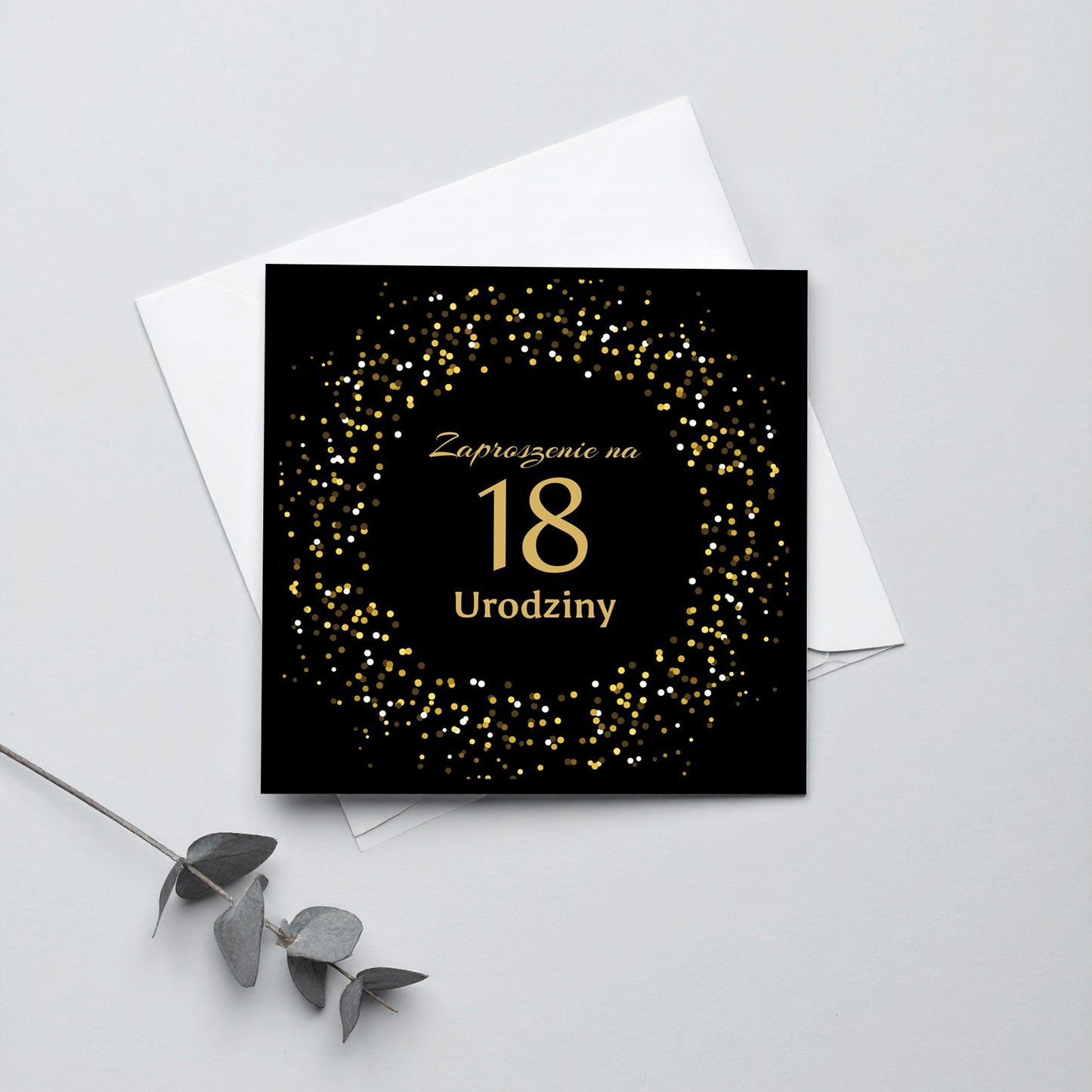 Zaproszenie na 18 urodziny 15x15 z kopertą  -  Złote