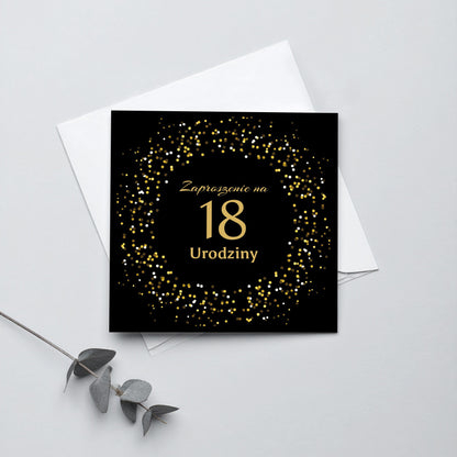 Zaproszenie na 18 urodziny 15x15 z kopertą  -  Złote