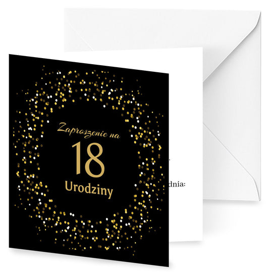 Zaproszenie na 18 urodziny 15x15 z kopertą  -  Złote