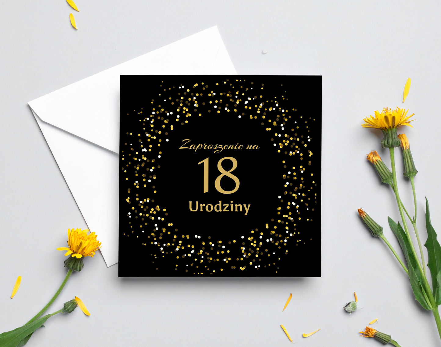 Zaproszenie na 18 urodziny 15x15 z kopertą  -  Złote