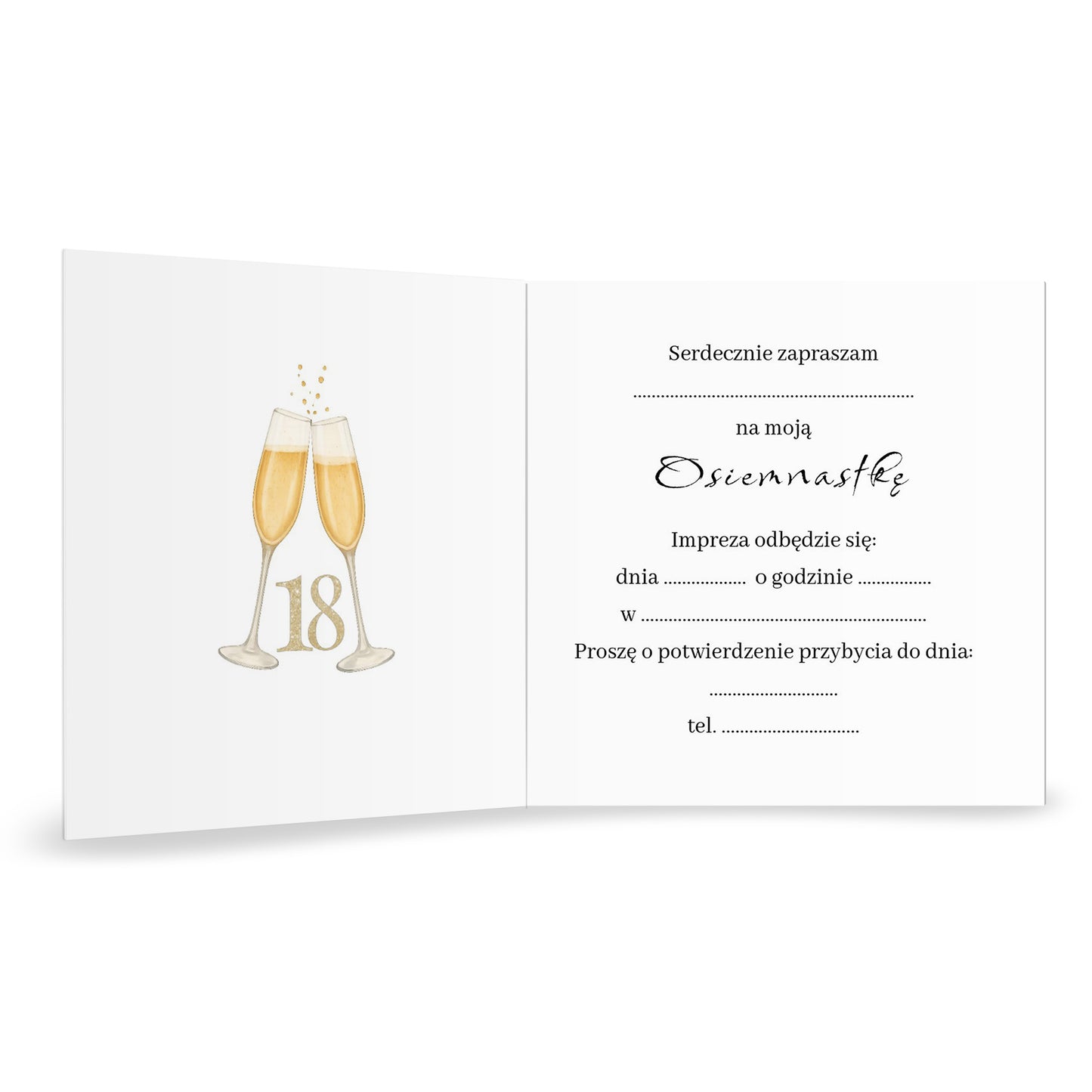Zaproszenie na 18 urodziny 15x15 z kopertą  -  Złote