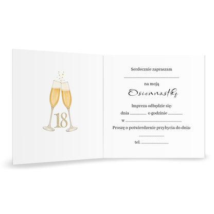Zaproszenie na 18 urodziny 15x15 z kopertą  -  Złote