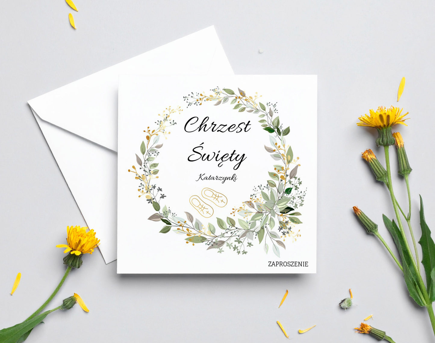 Zaproszenie na Chrzest składane 15x15 z kopertą  - Boho