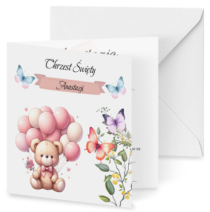 Zaproszenie składane z kopertą na Chrzest - Pluszowy miś z różowymi balonami