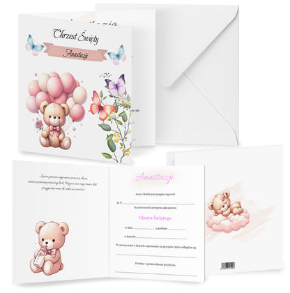 Zaproszenie składane z kopertą na Chrzest - Pluszowy miś z różowymi balonami